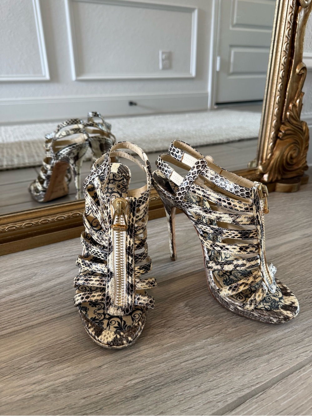 Jimmy Choo Beige and Black Snake-Print Strappy High Heel Sandals with Gold Zip